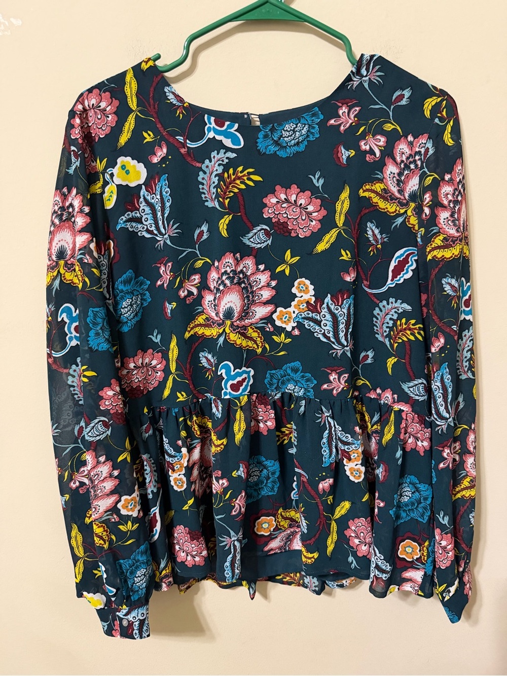 Loft Floral Peplum Blouse peasant sheer lined deep green floral medium euc